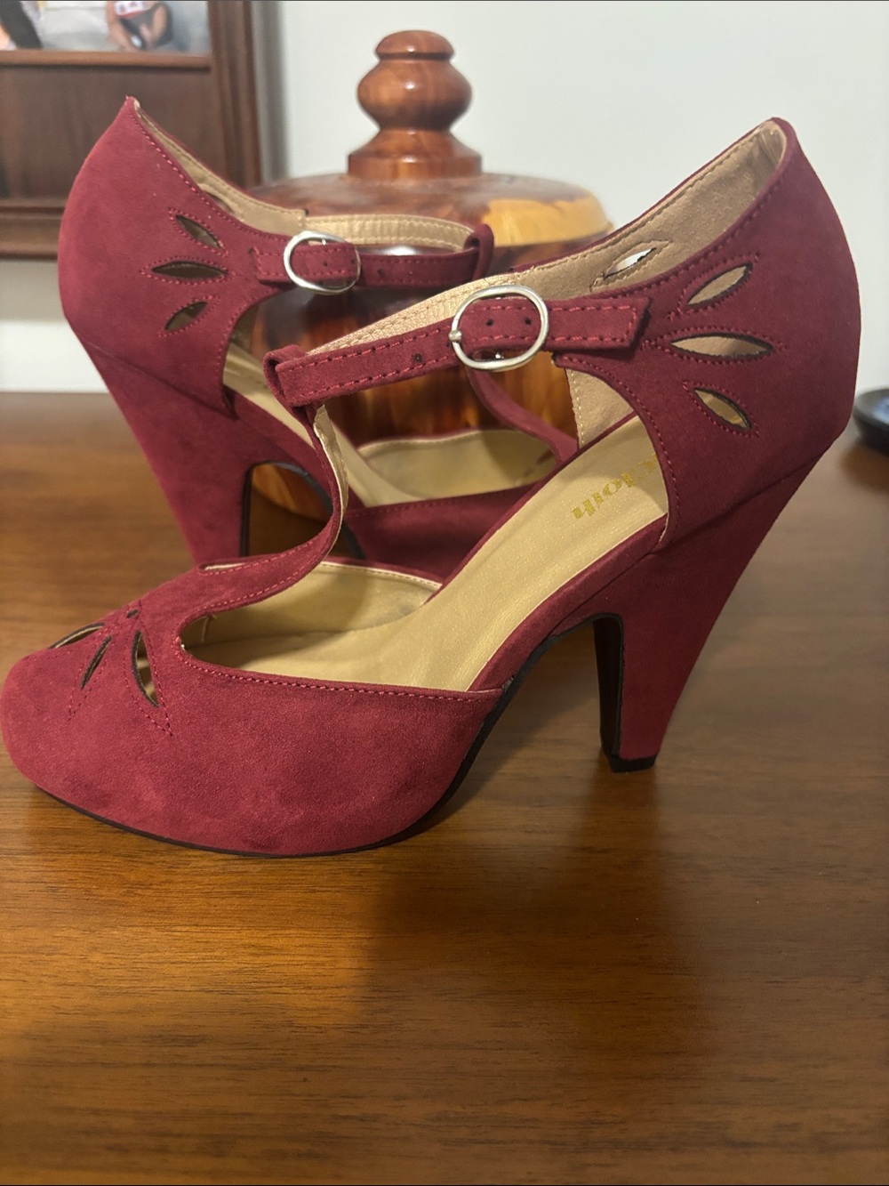 ModCloth Burgundy T-Strap Heels with Petal Cutouts